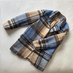 Aritzia Blue and Brown Plaid Pea Coat
